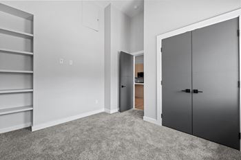 A room with a grey carpet and a grey wardrobe.